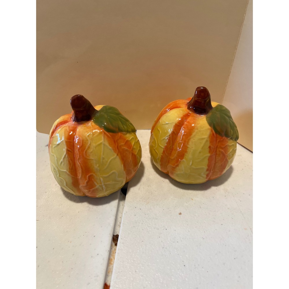 Ceramic Pumpkin Figurines Orange Yellow Glazed Harvest Autumn Decor Set of 2